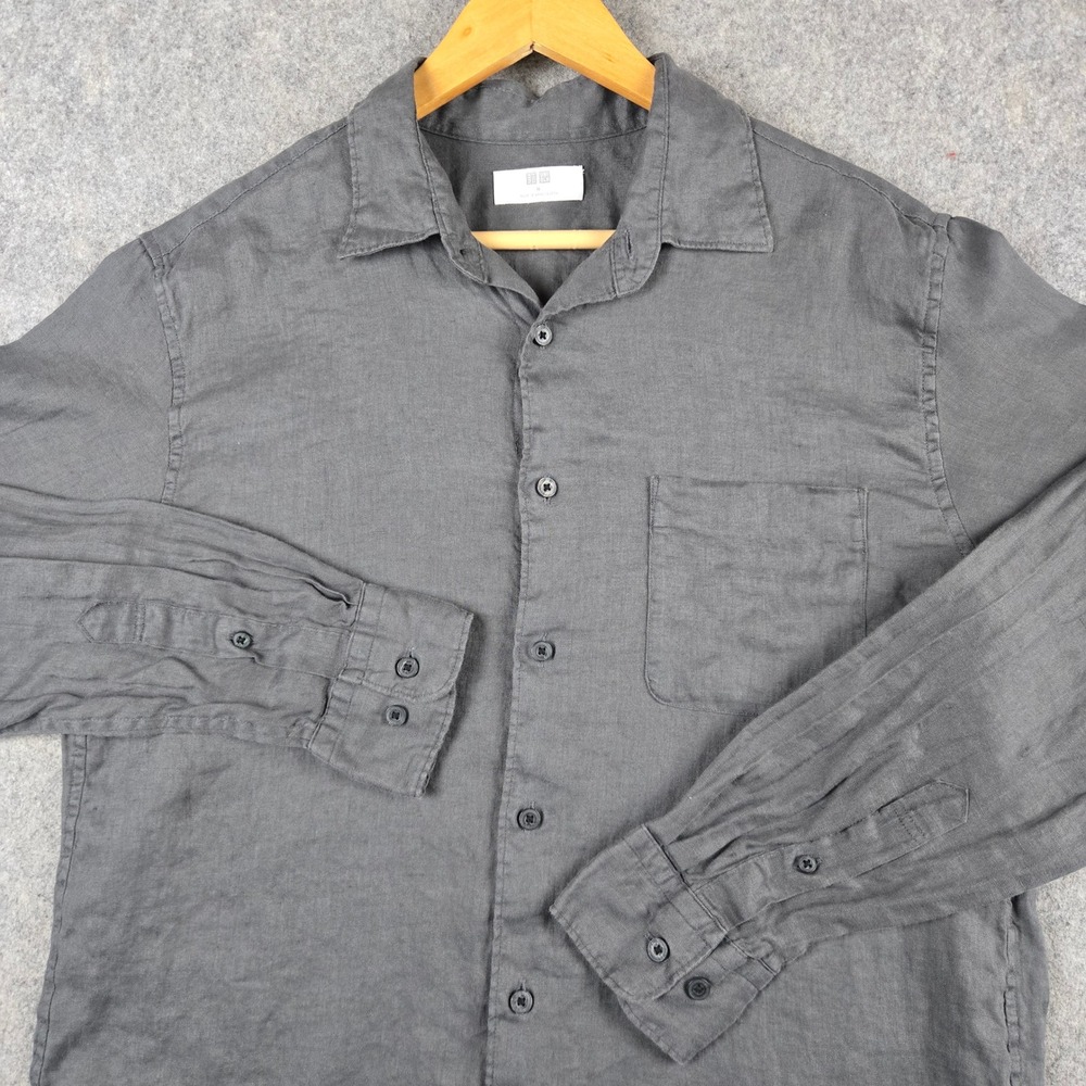 Uniqlo Premium Linen Shirt Mens Medium Gray Long Sleeve Button Up Pocket